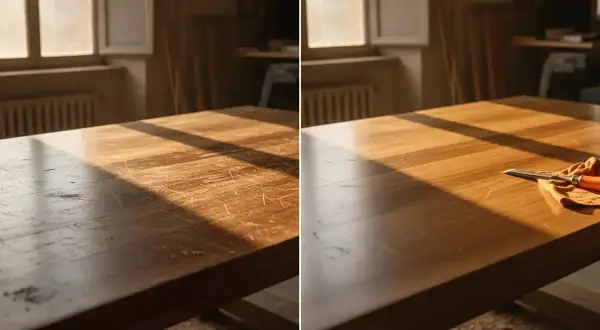 Prima e dopo: come trasformare un tavolo in legno graffiato in una superficie lucida e rinnovata con uno scalpello e un panno.