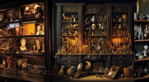 Un ricco gabinetto delle curiosità, pieno di oggetti bizzarri, scheletri, libri antichi e manufatti misteriosi, evoca un'atmosfera di scoperta e meraviglia.