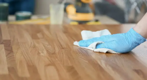 Mano con guanto blu che applica olio di lino per legno su una superficie in legno.