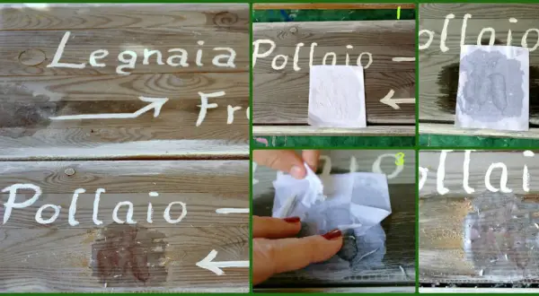 Segni su legno: "Legnaia", "Pollaio". Si applica un disegno con carta, poi si rimuove. La porporina cos'è? Forse un effetto glitterato.