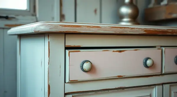Cassettiera con finitura usurata, tipica della tecnica shabby. I cassetti rosa pallido e le maniglie in ceramica aggiungono un tocco romantico.