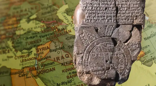 Tavoletta d'argilla con incisioni cuneiformi, che rappresenta la mappa più antica del mondo, sovrapposta a una mappa moderna del Medio Oriente.