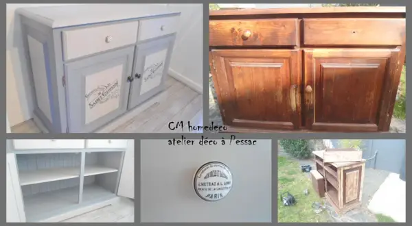 Prima e dopo: un mobile da ristrutturare, ora grigio e bianco con decorazioni, pronto per una nuova vita.