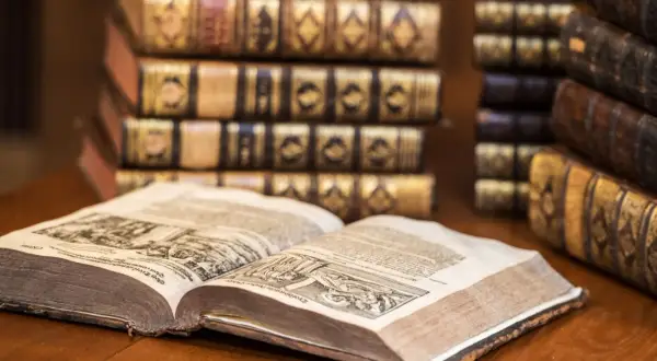 Un antico libro aperto mostra incisioni dettagliate, circondato da pile di volumi rilegati in pelle, testimoni di preziosi libri costosi.
