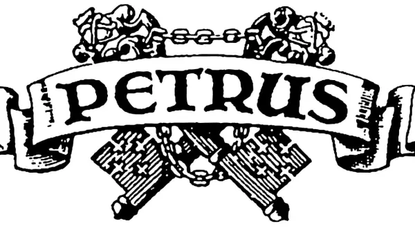 Stemma con nastro "PETRUS" e catene incrociate. Un'icona che evoca il petrus vino più costoso, simbolo di lusso e prestigio.