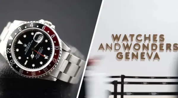 Un Rolex GMT-Master II in primo piano, con lo sfondo della scritta "Watches and Wonders Geneva", la fiera degli orologi.