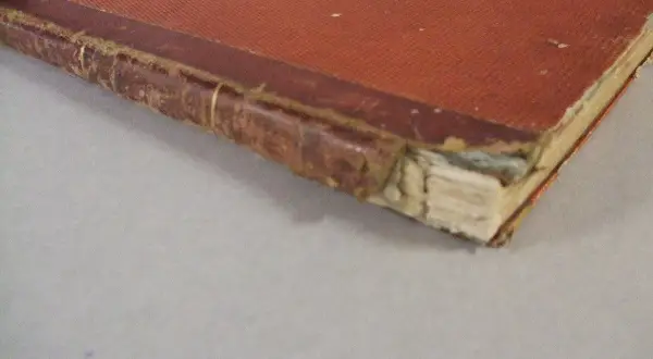 Dettaglio di una rilegatura libri vecchi con copertina rossa e dorso in pelle usurato, che mostra i segni del tempo.