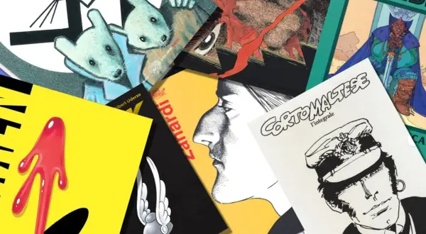 Collage di copertine di fumetti famosi vecchi: Corto Maltese, Zanardi, e altri classici.