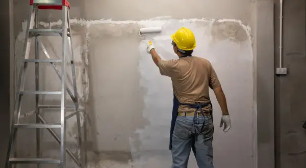 Operaio con casco giallo dipinge un muro grezzo con un rullo. Si può verniciare sopra l'impregnante, trasformando l'ambiente. Scala a pioli a sinistra.