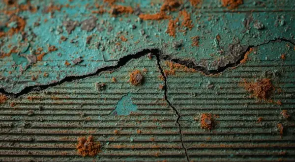 Dettaglio di una superficie verde screpolata, con evidenti segni di ruggine e crepe. Il bronzo si ossida, rivelando la sua storia.