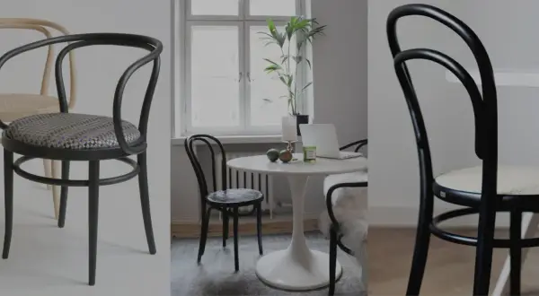 Dettagli di sedie Thonet in legno curvato, con seduta in paglia o tessuto. Un collage che mostra come riconoscere una sedia Thonet originale.