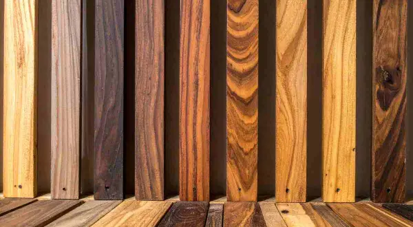 Diverse assi di legno, da chiare a scure, mostrano venature naturali. Alcune sembrano pronte per scurire il legno, altre sono già scure.