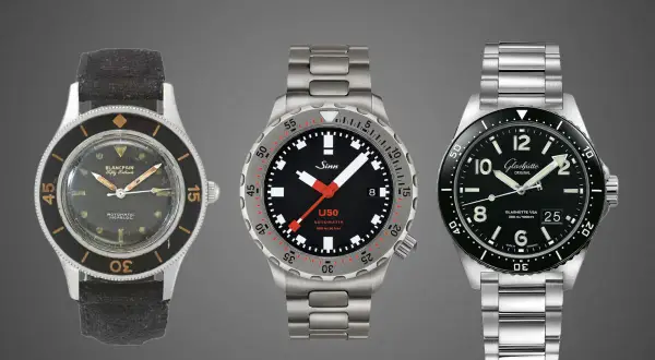 Tre orologi subacquei iconici: Blancpain, Sinn U50 e Glashütte. Il loro significato come "tool watch" è la robustezza e l'affidabilità.