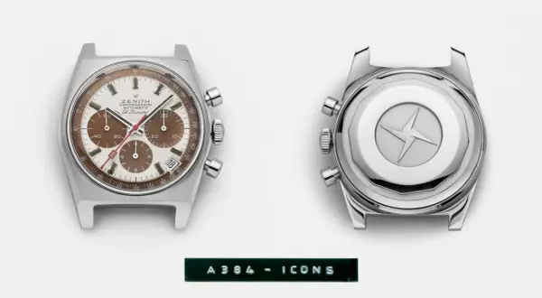 Orologio Zenith El Primero A384 con movimento automatico, cronografo e datario. Il fondello presenta un'iconica stella a quattro punte.