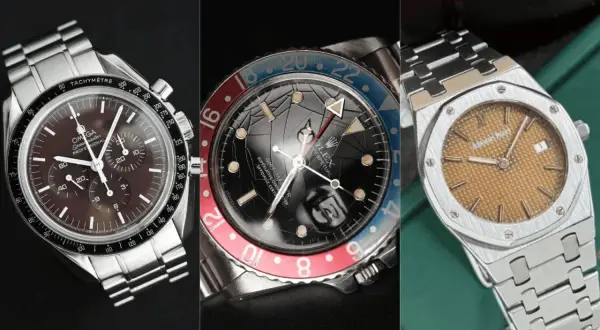 Tre orologi iconici: Omega Speedmaster, Rolex GMT-Master e Audemars Piguet. La patina del tempo dona un fascino unico a questi pezzi da collezione.