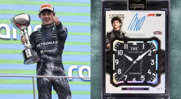 Figurina Panini più costosa: Kimi Antonelli con trofeo e card autografata con cimelio di gara.