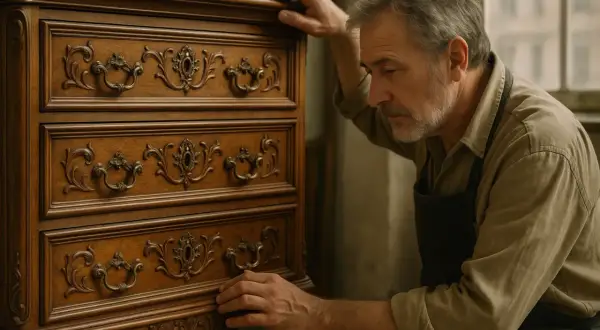 Un artigiano osserva un antico chiffonier, simbolo di eleganza e funzionalità.