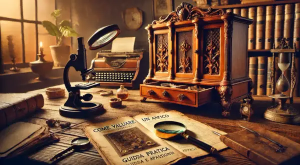 Scrivania da studioso con microscopio, macchina da scrivere, libri antichi e una clessidra. Un libro aperto parla di "come valutare" e menziona il marmo Portoro provenienza.