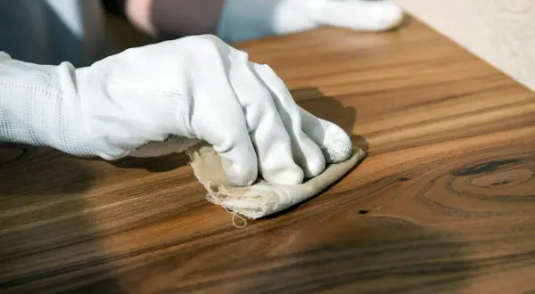 Mano guantata lucida un mobile in legno con un panno, mostrando come usare la cera d'api per una finitura naturale e protettiva.