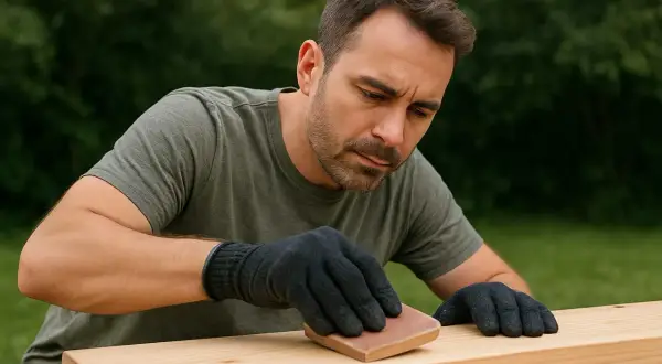 Uomo con guanti neri leviga un asse di legno grezzo all'aperto, un passo essenziale nel trattamento legno grezzo.