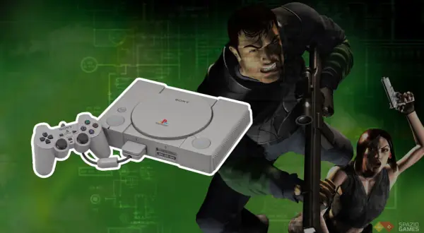 PlayStation 1 con controller e personaggi di videogiochi rari, su sfondo verde con schemi tecnici.