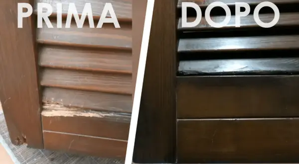 Prima e dopo: riparazione di legno marcio con resina per legno marcio. La persiana è stata restaurata.