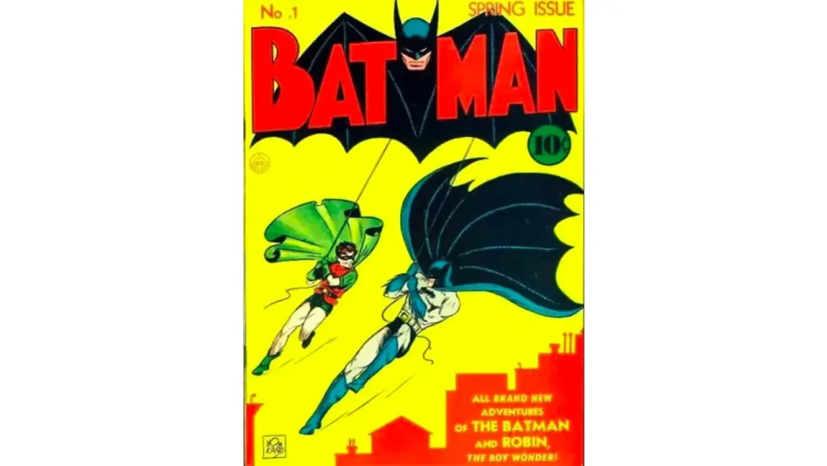 Copertina di Batman N.1, uno dei fumetti più costosi, con Batman e Robin che planano su Gotham City.