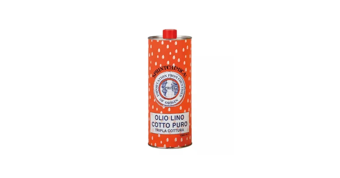 Lattina arancione con pois bianchi, etichetta con scritta "Olio Lino Cotto Puro" e logo Sprintchmica. Ideale per la tripla cottura.