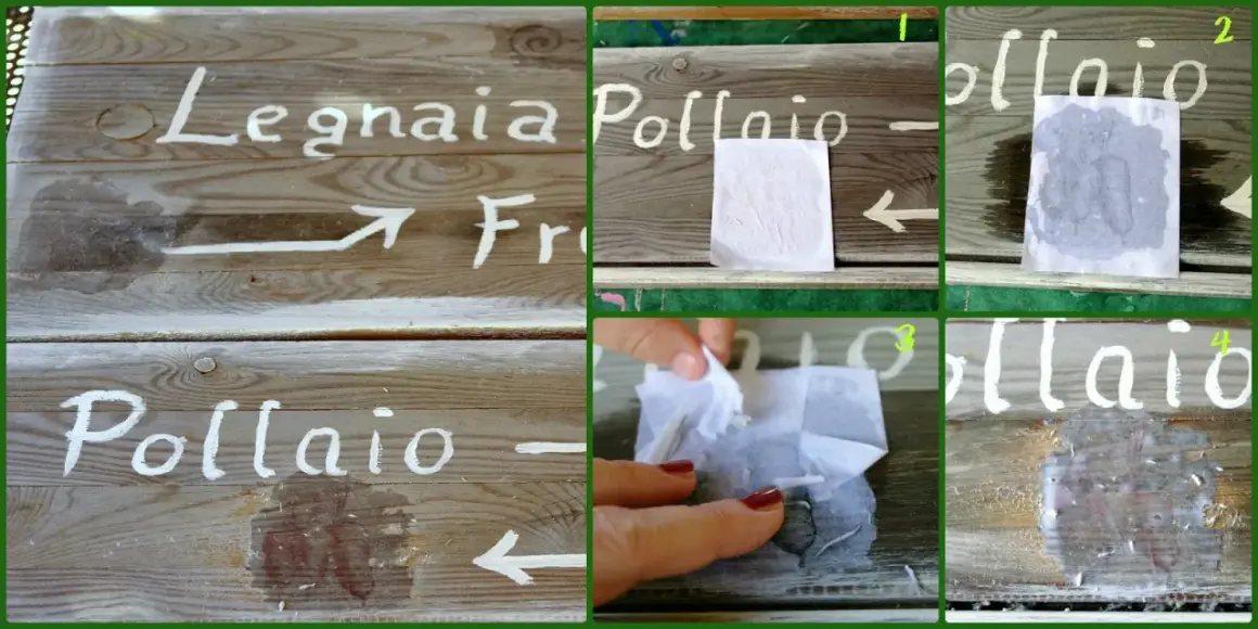 Segni su legno: "Legnaia", "Pollaio". Si applica un disegno con carta, poi si rimuove. La porporina cos'è? Forse un effetto glitterato.