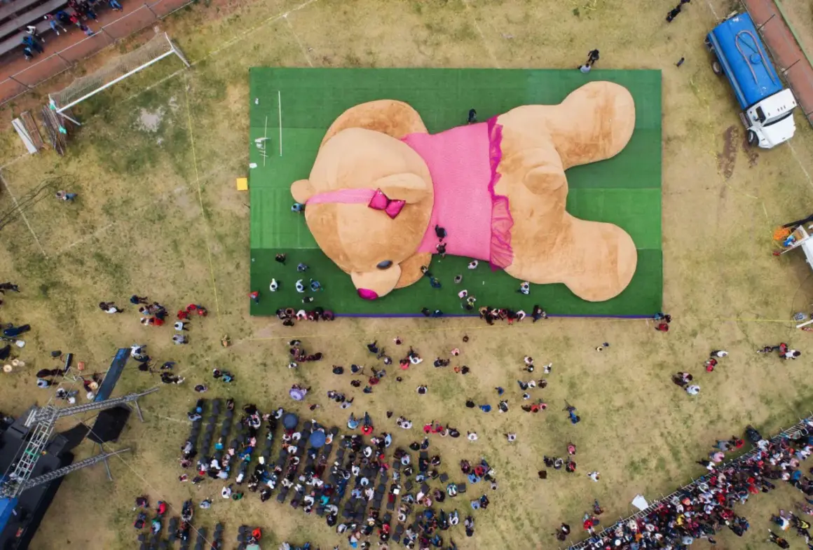 Un enorme orsacchiotto peluche, forse il peluche più costoso del mondo, giace su un prato verde, circondato da una folla curiosa.