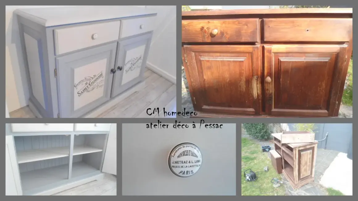 Prima e dopo: un mobile da ristrutturare, ora grigio e bianco con decorazioni, pronto per una nuova vita.