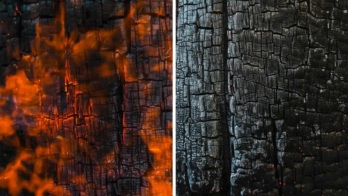 Legno carbonizzato con fiamme arancioni vibranti a sinistra e texture shou sugi ban nera e screpolata a destra.