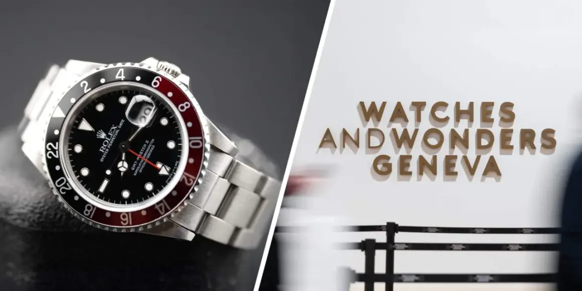 Un Rolex GMT-Master II in primo piano, con lo sfondo della scritta "Watches and Wonders Geneva", la fiera degli orologi.