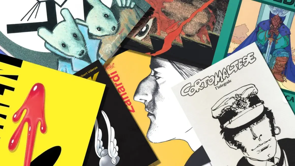 Collage di copertine di fumetti famosi vecchi: Corto Maltese, Zanardi, e altri classici.