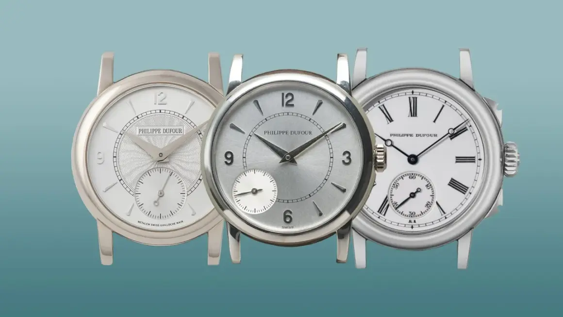 Tre orologi di lusso Philippe Dufour, ognuno con un quadrante unico, mostrano l'artigianato svizzero.