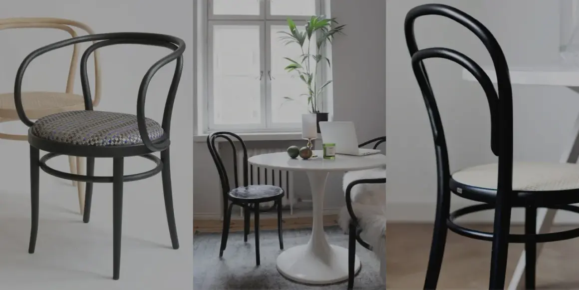 Dettagli di sedie Thonet in legno curvato, con seduta in paglia o tessuto. Un collage che mostra come riconoscere una sedia Thonet originale.