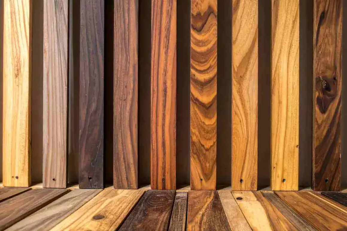 Diverse assi di legno, da chiare a scure, mostrano venature naturali. Alcune sembrano pronte per scurire il legno, altre sono già scure.