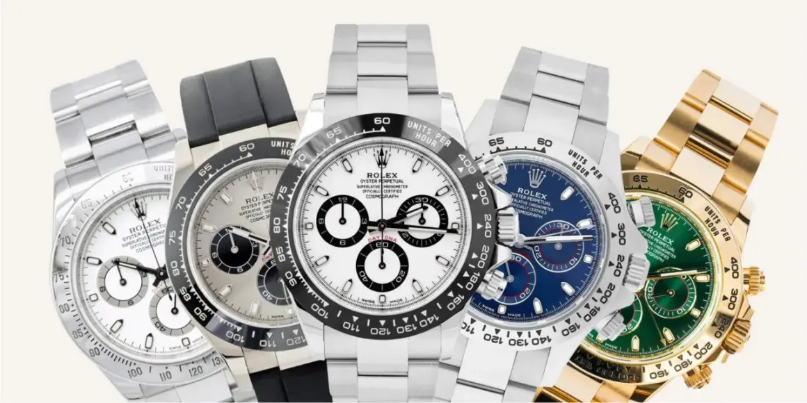 Cinque orologi Rolex Daytona, icone di stile e precisione, in diverse varianti di quadrante e metallo.