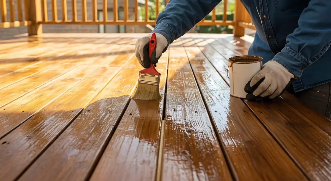 Persona con guanti applica una finitura protettiva su un deck di legno, mostrando come colorare il legno in modo naturale per un aspetto caldo e invitante.