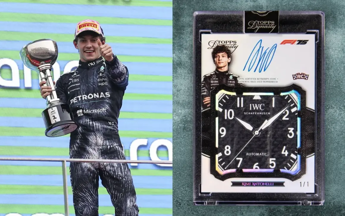 Figurina Panini più costosa: Kimi Antonelli con trofeo e card autografata con cimelio di gara.