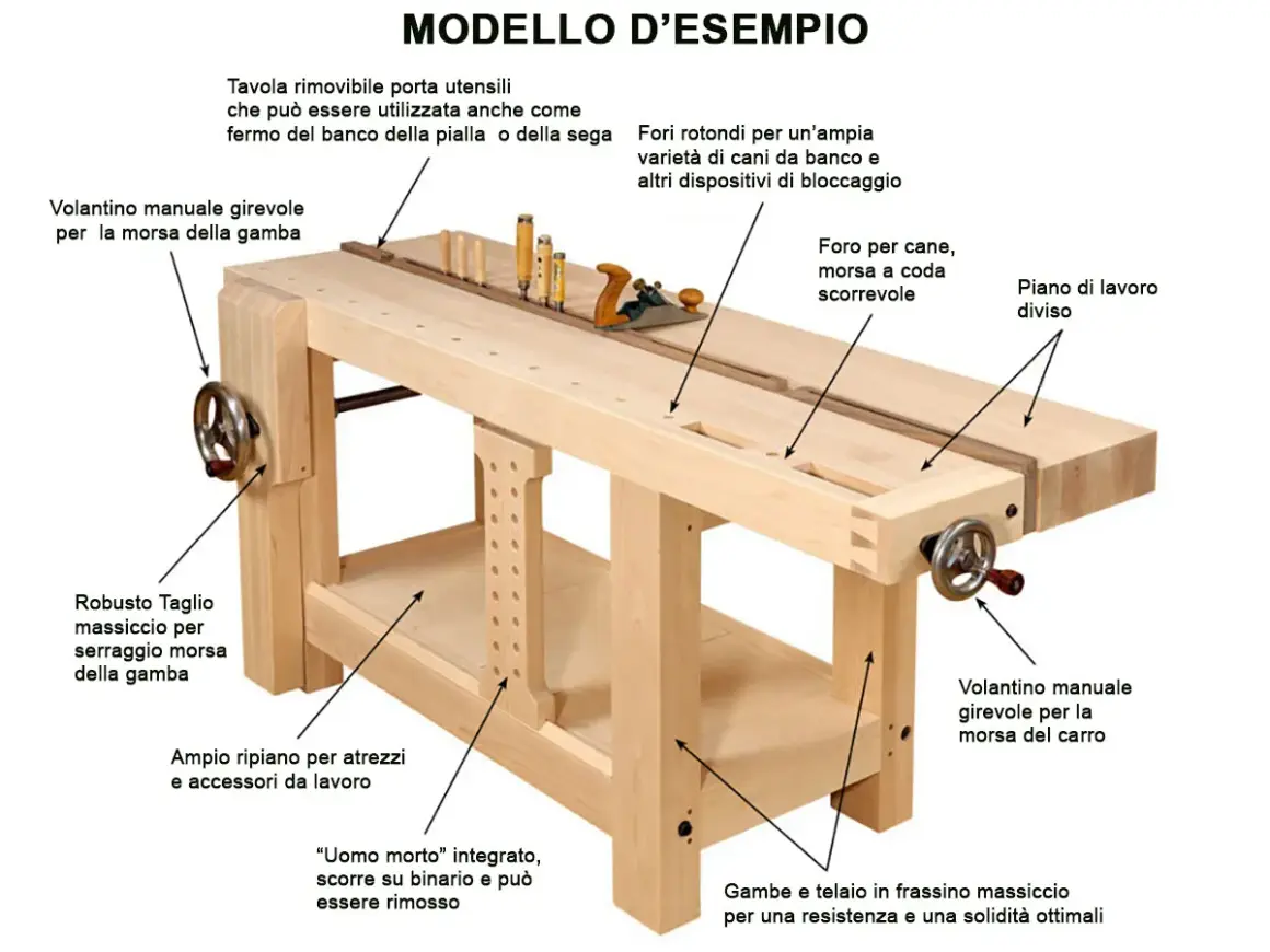 Banco da falegname robusto con piano diviso e morse. Gambe e telaio in **frassino legno** massiccio per massima solidità.