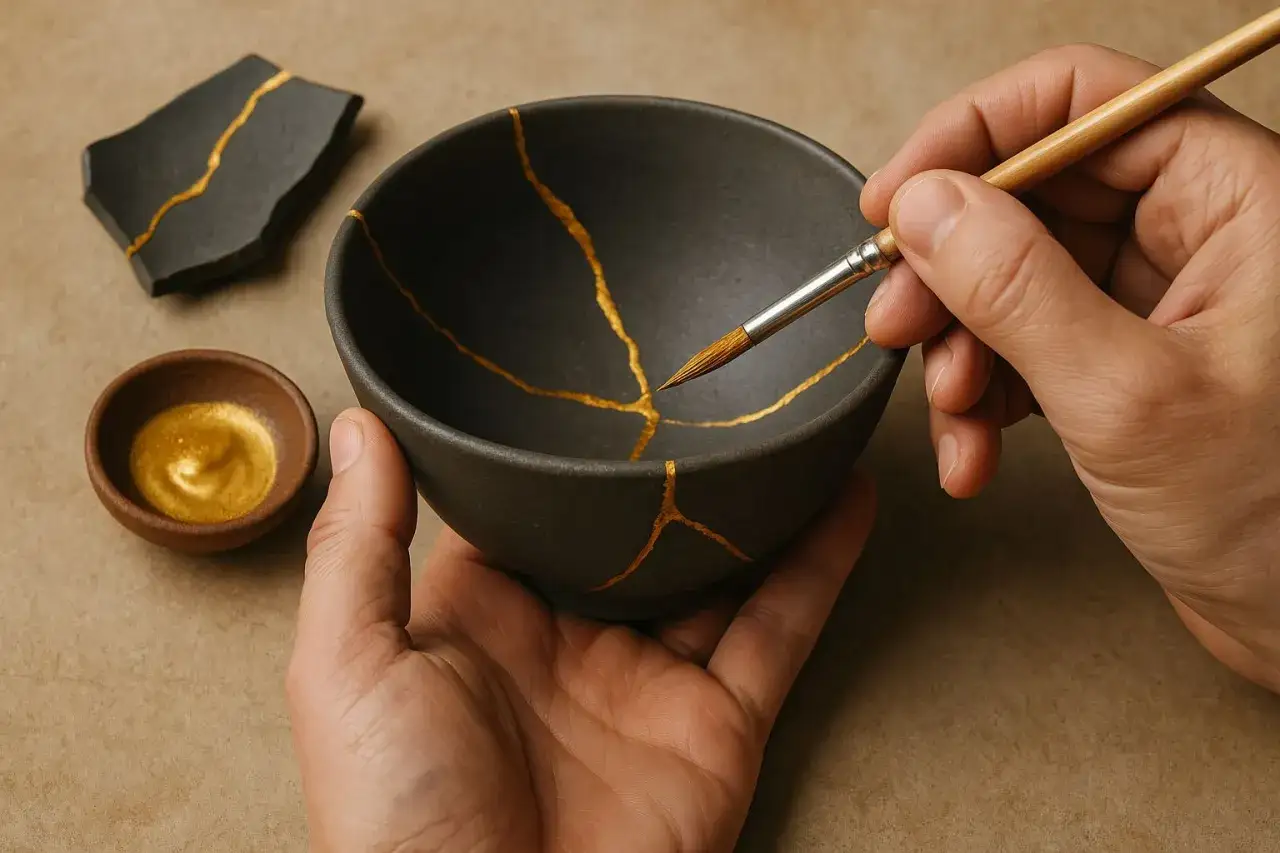 Mani che applicano oro con un pennello su una ciotola rotta, seguendo la tecnica kintsugi per valorizzare le crepe.