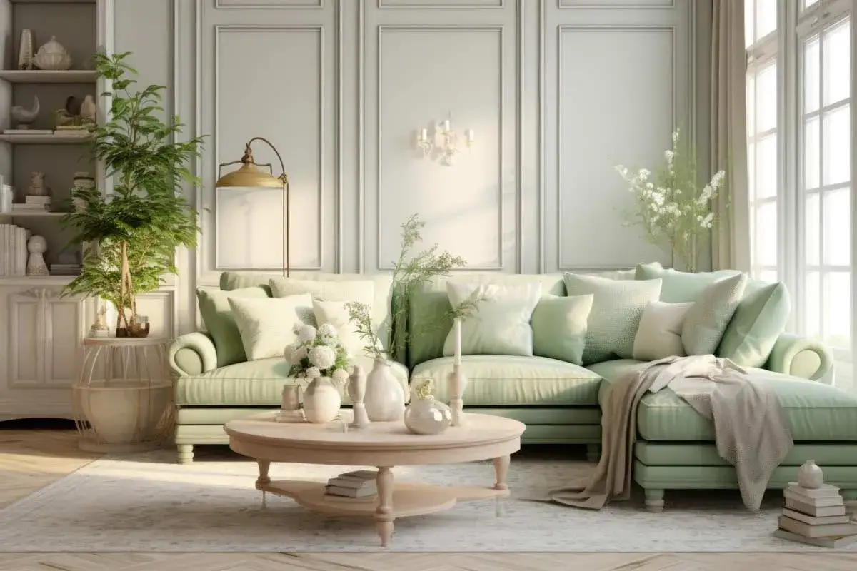 Salotto in stile shabby con divano verde menta, tavolino rotondo in legno chiaro e decorazioni floreali.