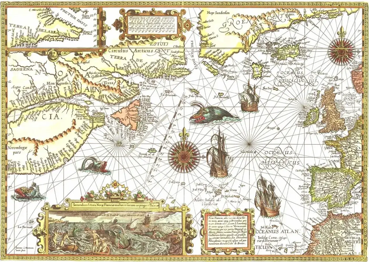 Antica mappa del mondo con navi, mostri marini e terre sconosciute. Un'opera che sembra la mappa pi&ugrave; antica del mondo, ricca di dettagli e misteri.