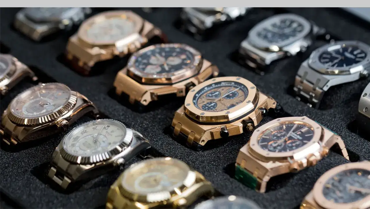 Collezione di diversi tipi di orologio di lusso, in oro e argento, con quadranti e cinturini vari.