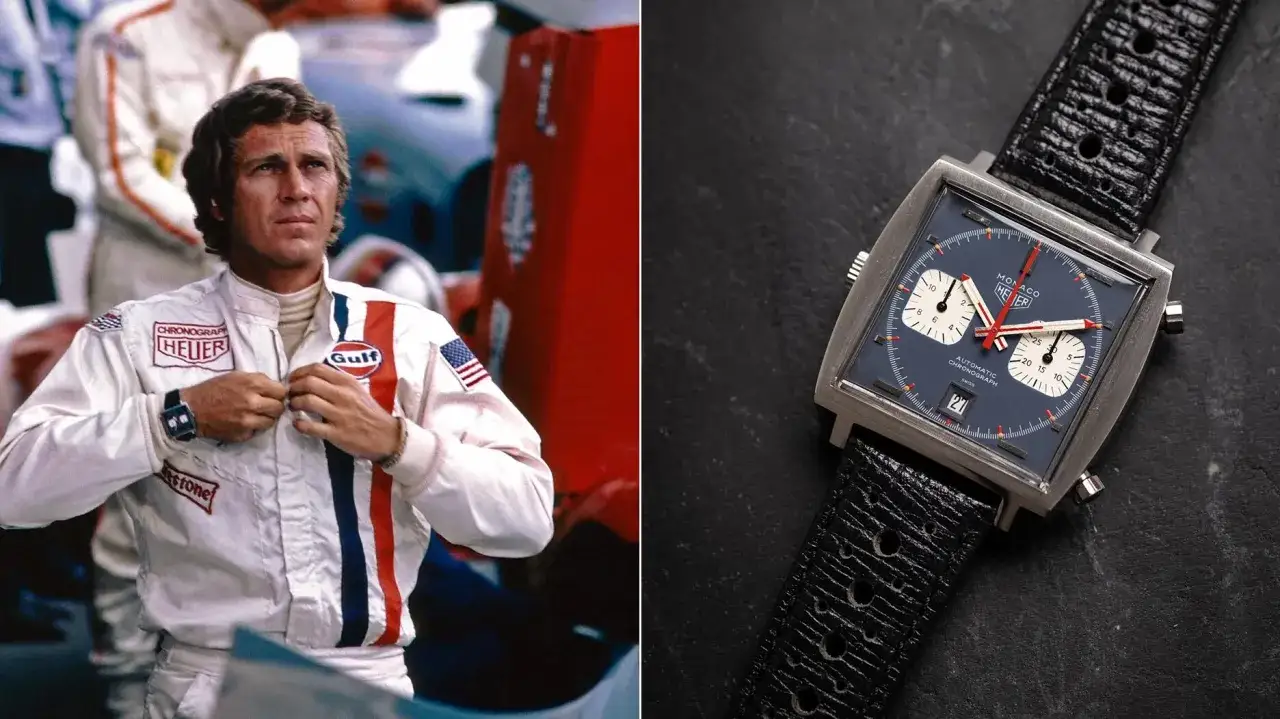 Steve McQueen, icona di stile, indossa il suo iconico steve mcqueen orologio Heuer Monaco, simbolo di velocità e audacia.