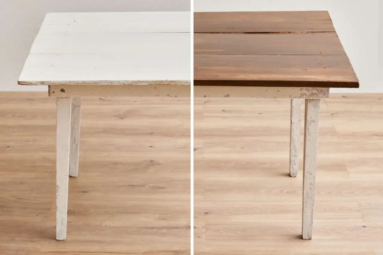 Tavolo diviso: met&agrave; bianco sverniciato, met&agrave; con impregnante scuro. Si pu&ograve; verniciare sopra l'impregnante per un nuovo look.
