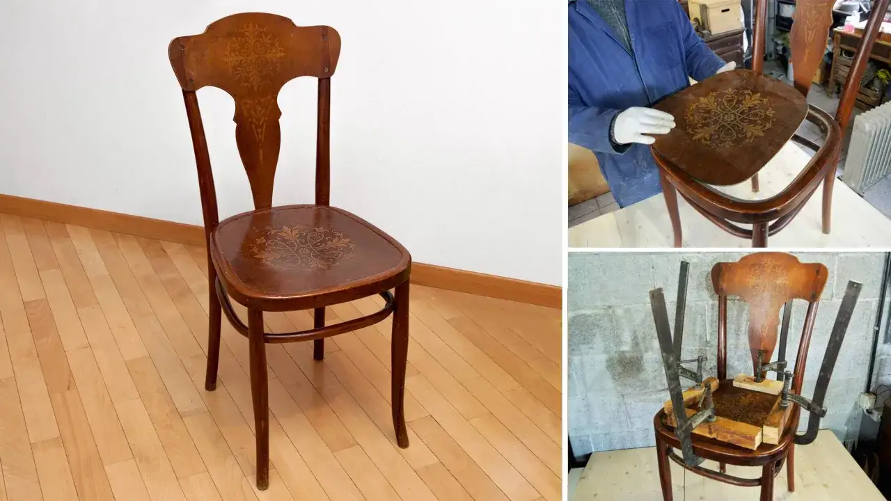 Restauro di sedie in legno con intarsi. Un artigiano mostra il sedile decorato, poi la sedia con morsetti per incollare.