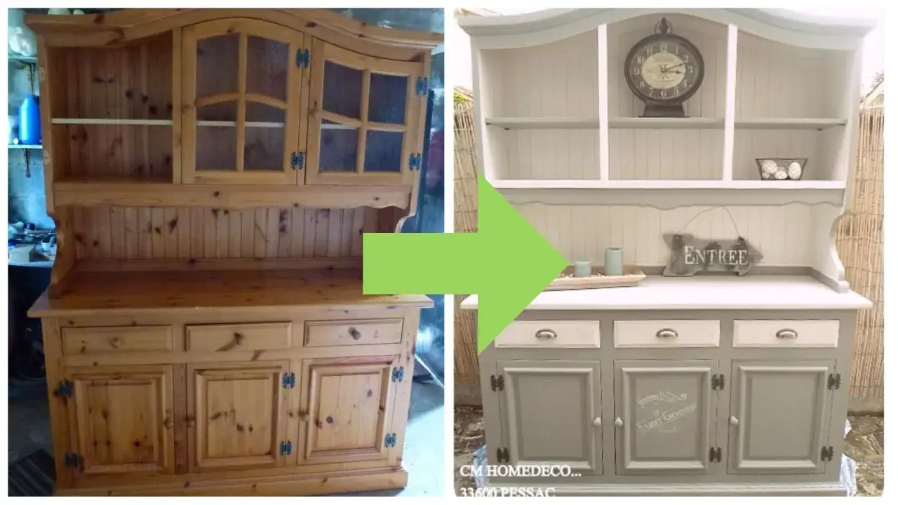 Prima e dopo: un mobile in legno grezzo trasformato con un restauro mobili fai da te, ora grigio e bianco con dettagli shabby chic.