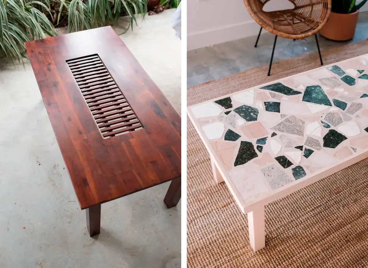 Come trasformare un tavolo in legno: da scuro con griglia a moderno con effetto terrazzo.